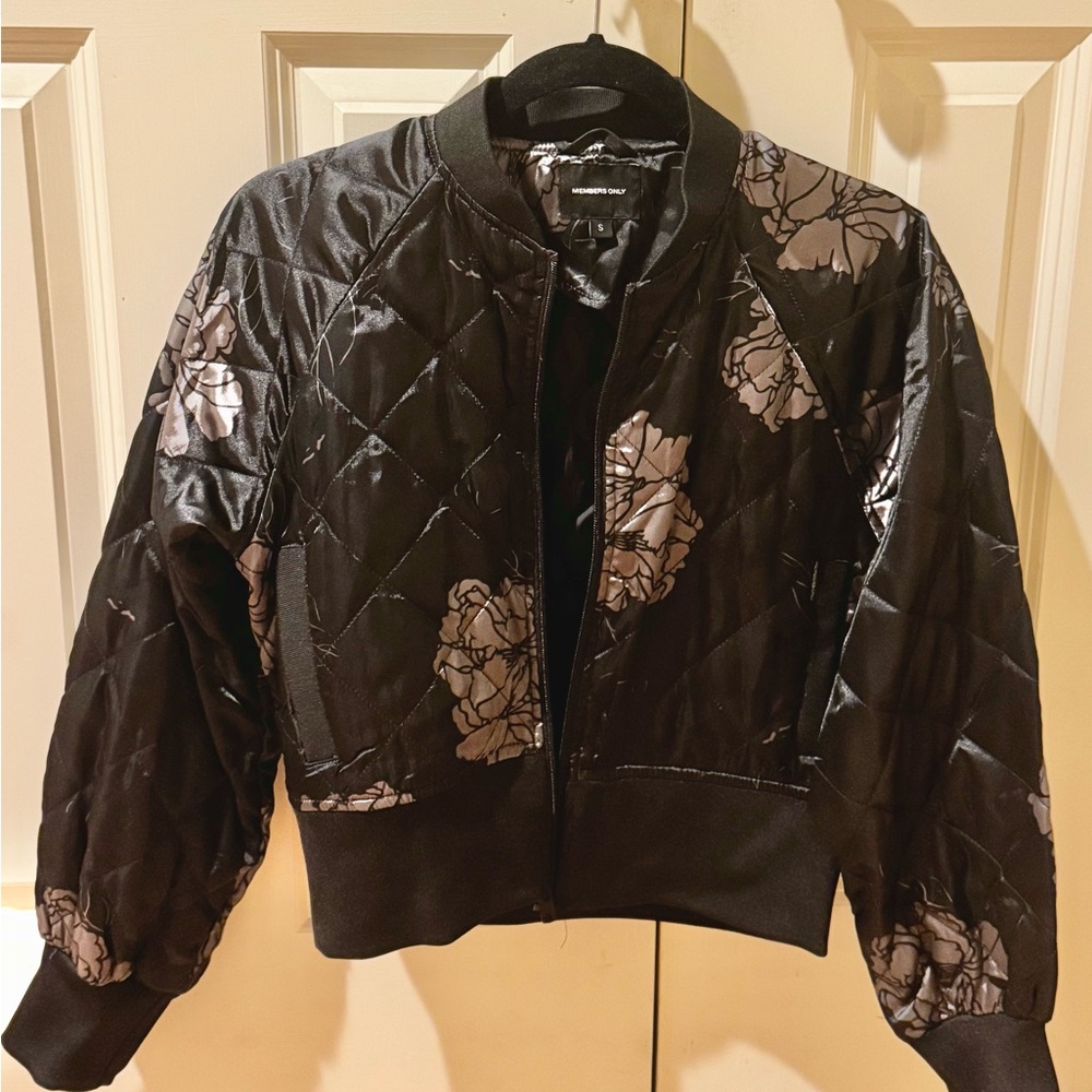 Members Only brand floral silk satin bomber jacket with quilting detail